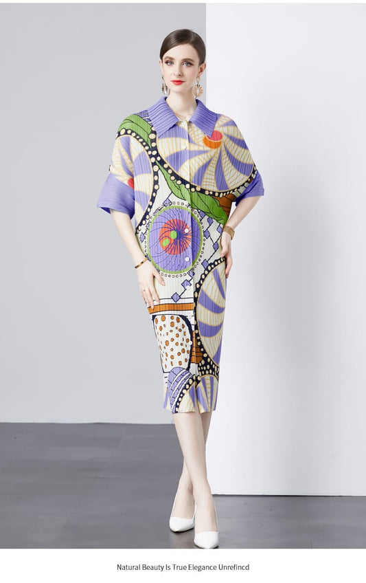 Pleated Midi Dress, Digital Print, Front Open, Purple