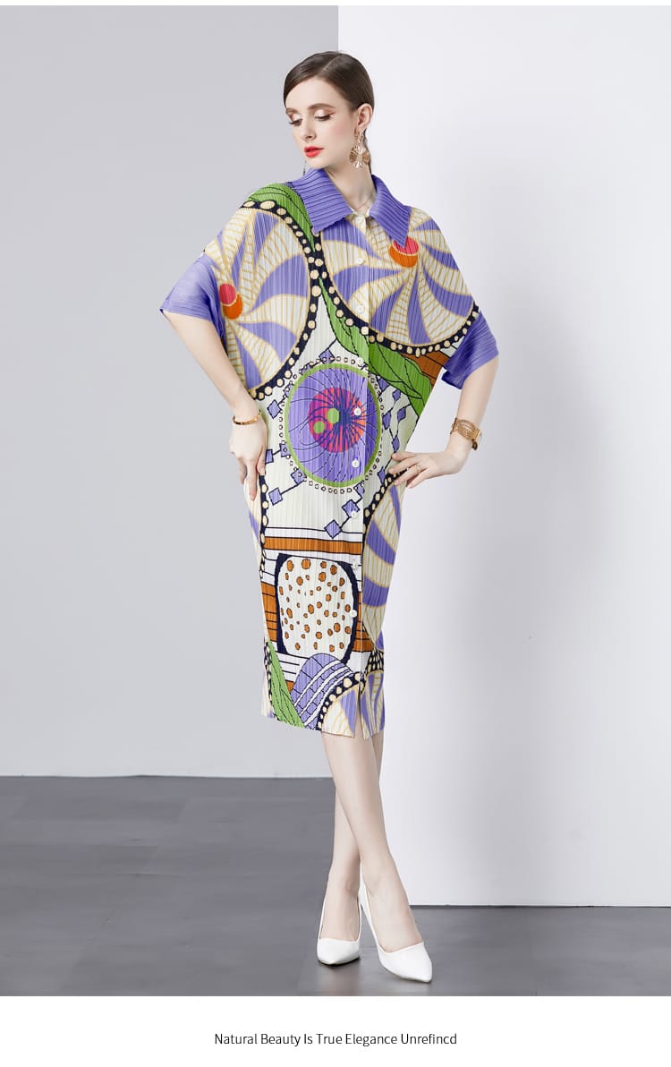 Pleated Midi Dress, Digital Print, Front Open, Purple