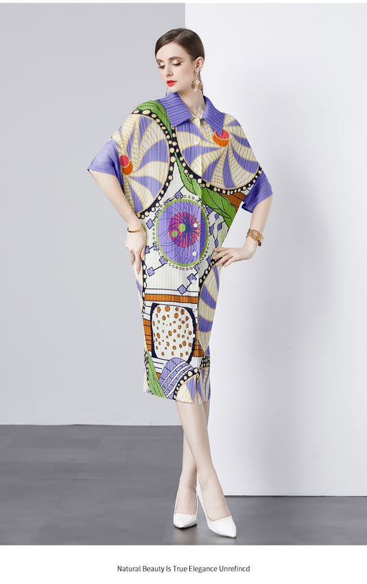 Pleated Midi Dress, Digital Print, Front Open, Purple