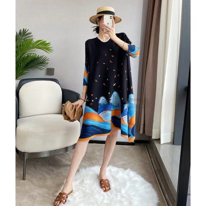 Women's Printed A-Line Dress, Bird Mountain Pattern, 3/4 Sleeves