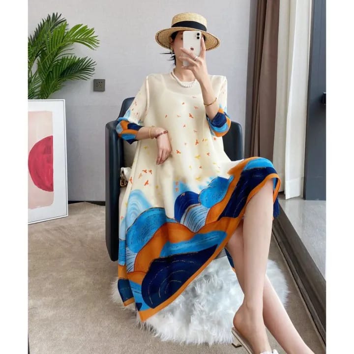 Women's Printed A-Line Dress, Bird Mountain Pattern, 3/4 Sleeves