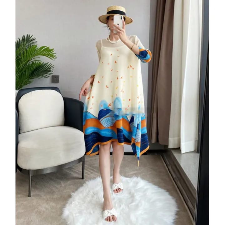 Women's Printed A-Line Dress, Bird Mountain Pattern, 3/4 Sleeves