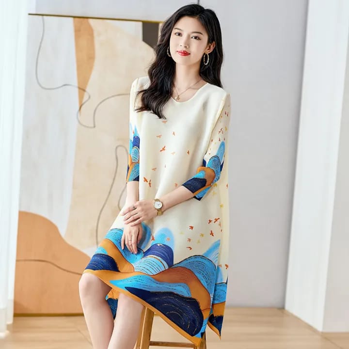 Women's Printed A-Line Dress, Bird Mountain Pattern, 3/4 Sleeves