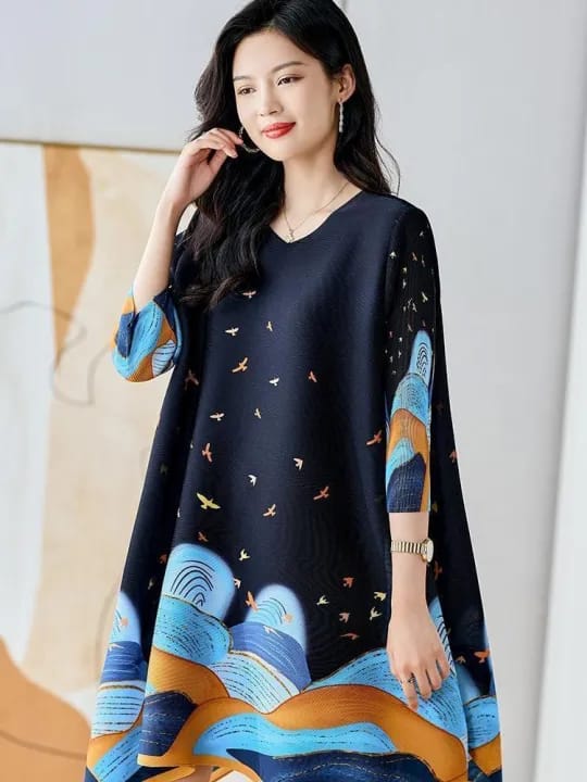 Women's Printed A-Line Dress, Bird Mountain Pattern, 3/4 Sleeves
