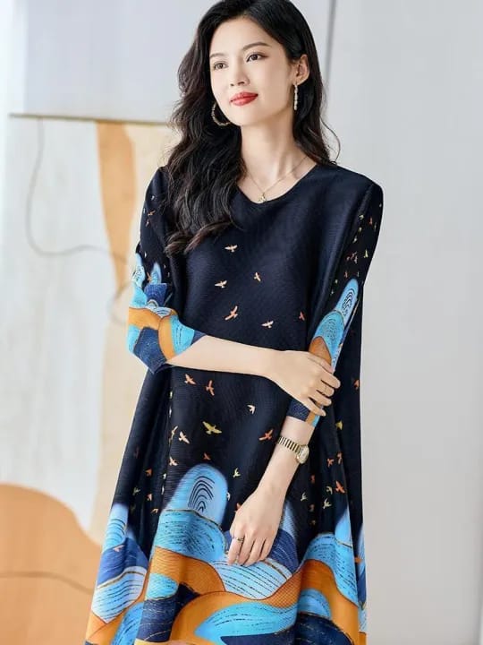 Women's Printed A-Line Dress, Bird Mountain Pattern, 3/4 Sleeves