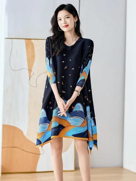 Women's Printed A-Line Dress, Bird Mountain Pattern, 3/4 Sleeves