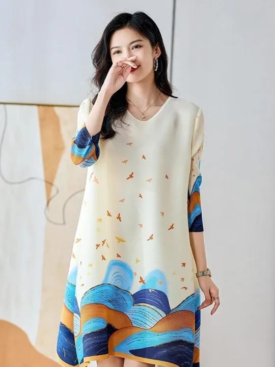 Women's Printed A-Line Dress, Bird Mountain Pattern, 3/4 Sleeves