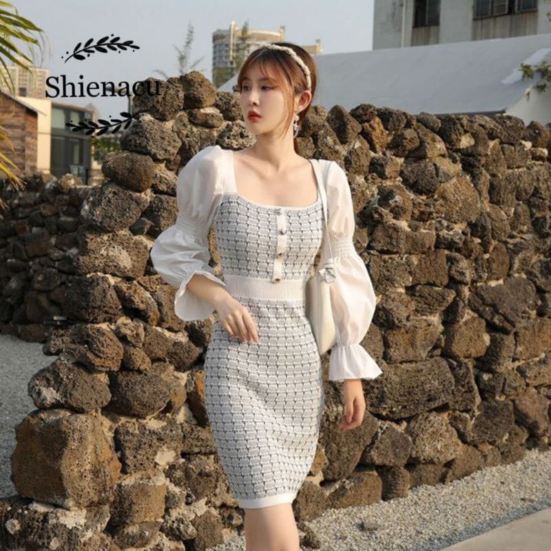 Western Couture Women's Knit Tweed-Style Bodycon Dress - Puff Sleeve Layered Dress