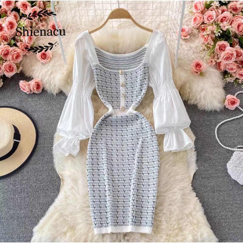Western Couture Women's Knit Tweed-Style Bodycon Dress - Puff Sleeve Layered Dress