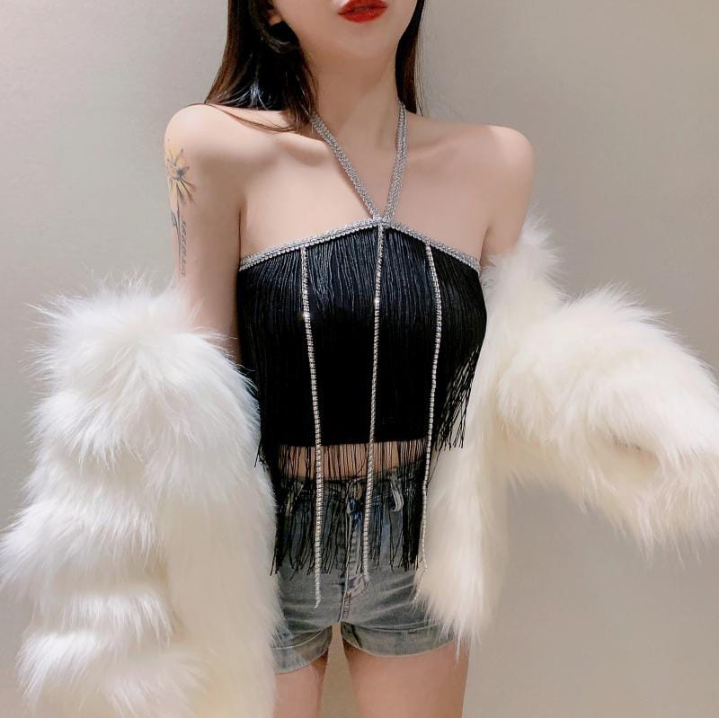 Western Couture Premium Imported Rhinestone Halter Neck Fringe Bustier Top (Size 32 - XS)
