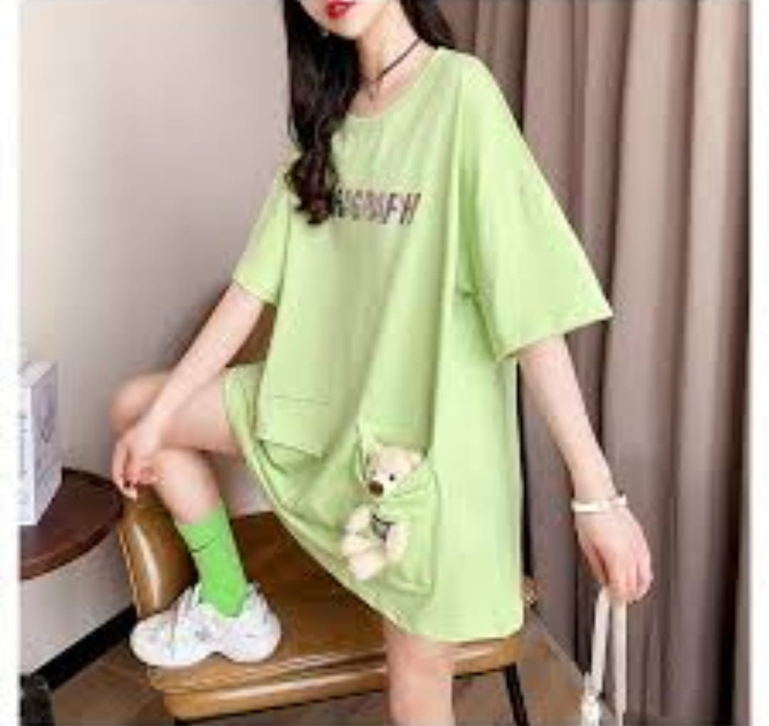 Western Couture Women's Cotton Oversized T-Shirt Dress - Cute Teddy Pocket Dress