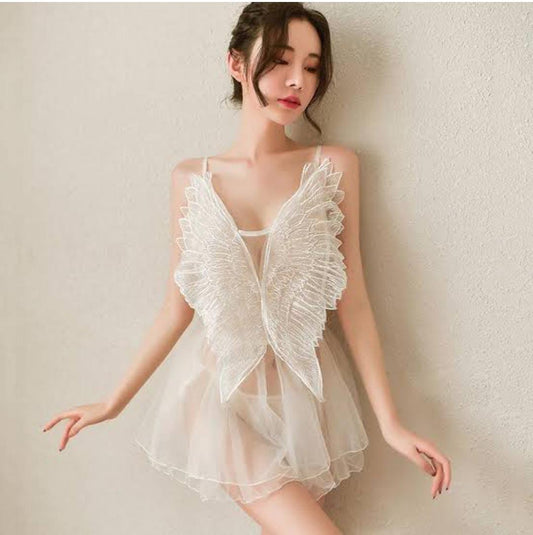 Western Couture Women's Angel Wings Babydoll Nightwear - Sheer Mesh Bridal Nighty