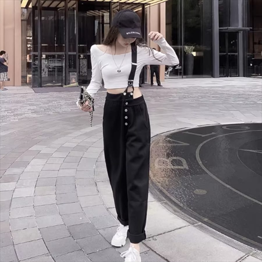 Western Couture One Shoulder Strap (Removable) High Waist Stylish Cotton Denim Pant