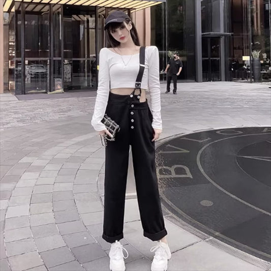 Western Couture One Shoulder Strap (Removable) High Waist Stylish Cotton Denim Pant