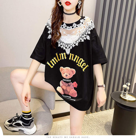 Western Couture Women's Lace Collar Teddy Bear Oversized T-Shirt - K-Fashion Loose Tee