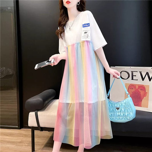 Western Couture Women's Rainbow Tulle Layered Maxi Dress - 2-in-1 Mesh T-Shirt Dress