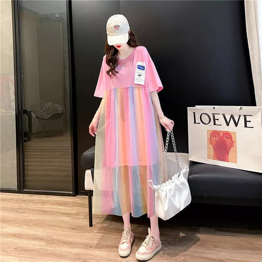 Western Couture Women's Rainbow Tulle Layered Maxi Dress - 2-in-1 Mesh T-Shirt Dress