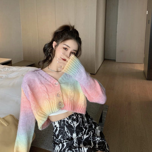 Western Couture Women's Pastel Rainbow Semi-Woolen Crop Cardigan - Cable-Knit V-Neck Winter Sweater Top (Multi-Color)