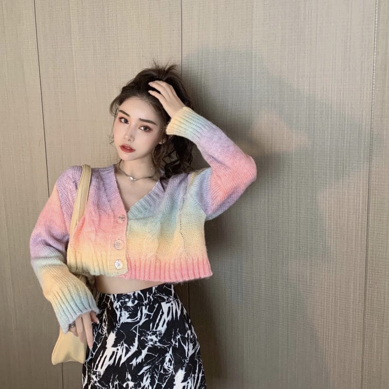 Western Couture Women's Pastel Rainbow Semi-Woolen Crop Cardigan - Cable-Knit V-Neck Winter Sweater Top (Multi-Color)