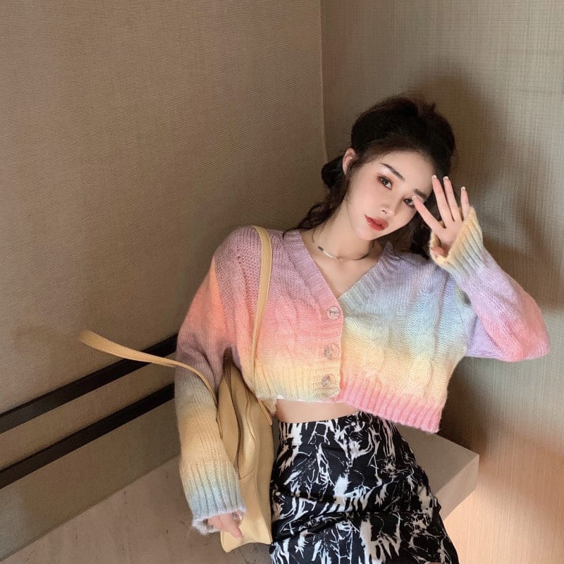 Western Couture Women's Pastel Rainbow Semi-Woolen Crop Cardigan - Cable-Knit V-Neck Winter Sweater Top (Multi-Color)