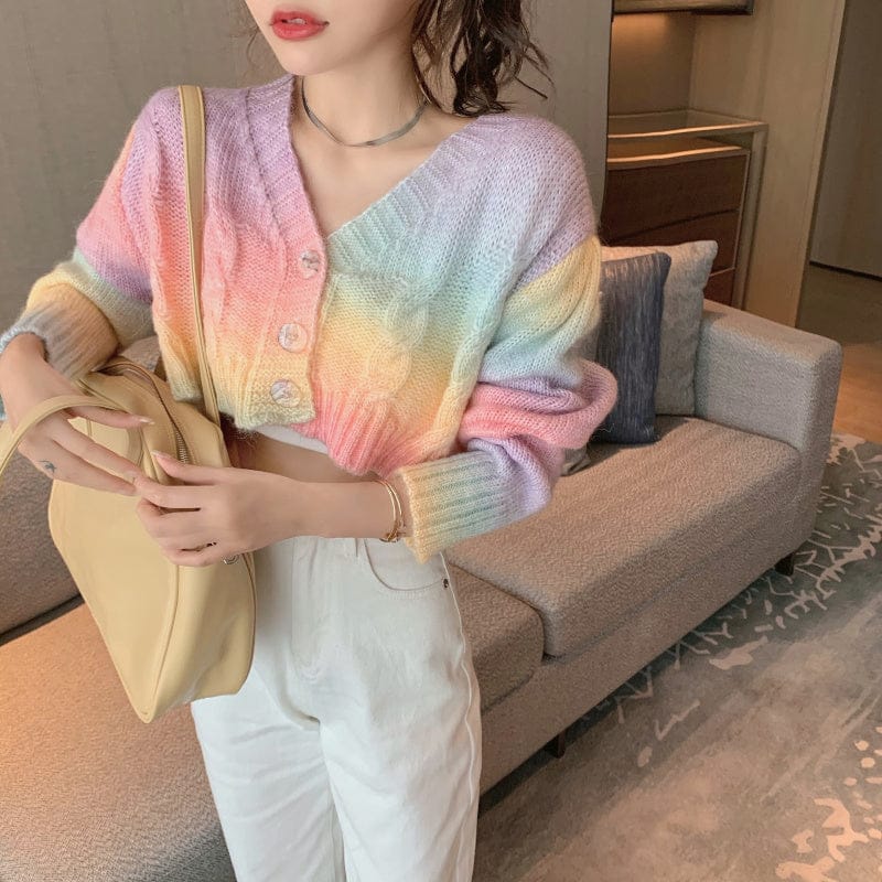 Western Couture Women's Pastel Rainbow Semi-Woolen Crop Cardigan - Cable-Knit V-Neck Winter Sweater Top (Multi-Color)