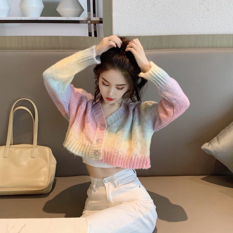 Western Couture Women's Pastel Rainbow Semi-Woolen Crop Cardigan - Cable-Knit V-Neck Winter Sweater Top (Multi-Color)