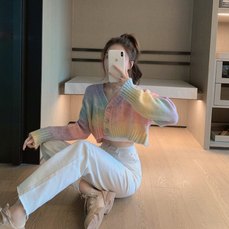 Western Couture Women's Pastel Rainbow Semi-Woolen Crop Cardigan - Cable-Knit V-Neck Winter Sweater Top (Multi-Color)