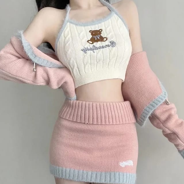 Western Couture Knitted  Crop Top+ Full Sleeves Jacket + Mini Skirt 3 Pc Coord Set