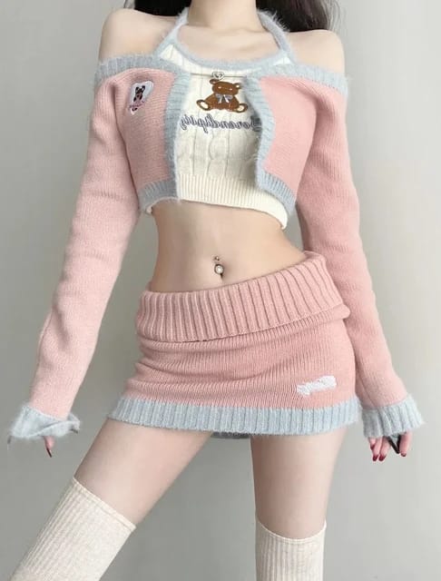 Western Couture Knitted  Crop Top+ Full Sleeves Jacket + Mini Skirt 3 Pc Coord Set