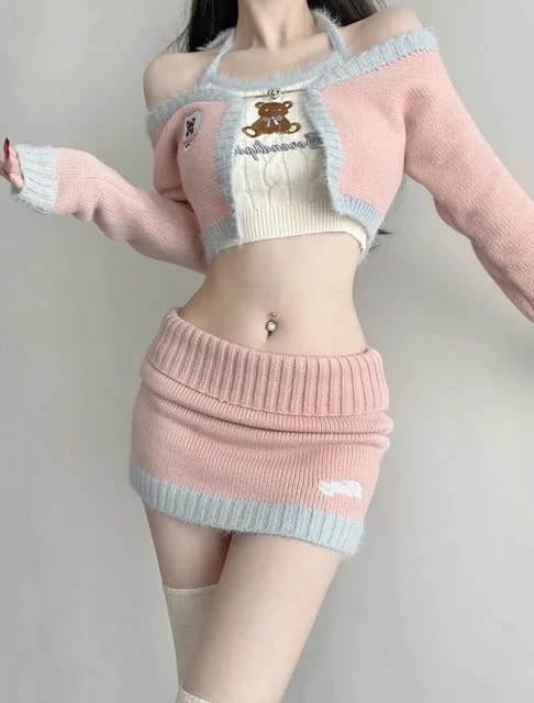 Western Couture Knitted  Crop Top+ Full Sleeves Jacket + Mini Skirt 3 Pc Coord Set