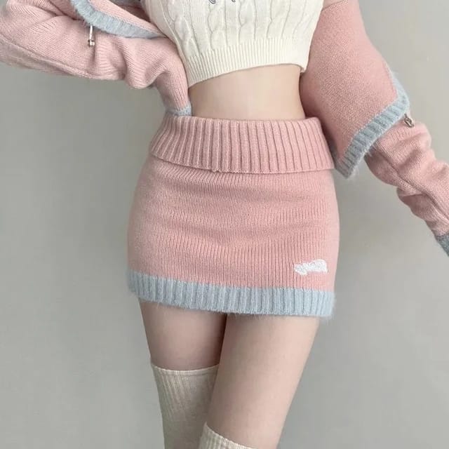 Western Couture Knitted  Crop Top+ Full Sleeves Jacket + Mini Skirt 3 Pc Coord Set