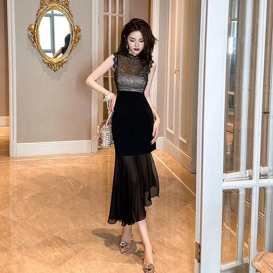 Western Couture Elegant Lace Bodice Evening Dress, Black Asymmetric Fishtail Hem, Sleeveless High Neck