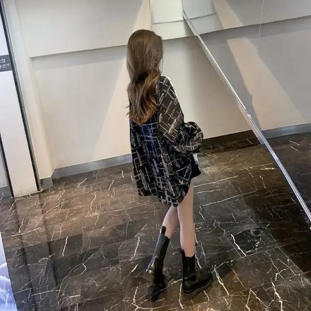 Western Couture Monochromatic Split Checkerboard Oversized Shirt
