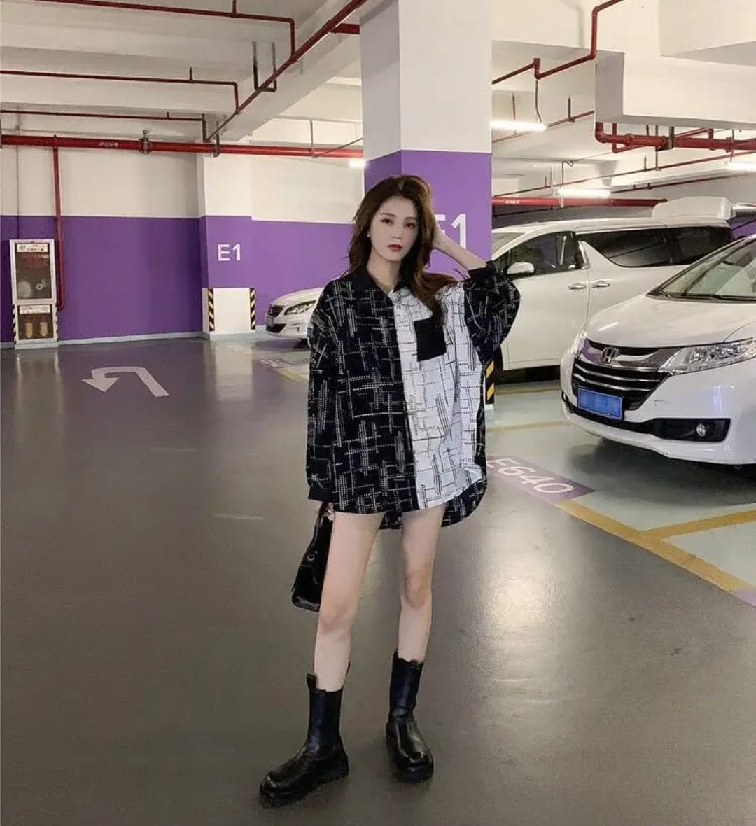 Western Couture Monochromatic Split Checkerboard Oversized Shirt