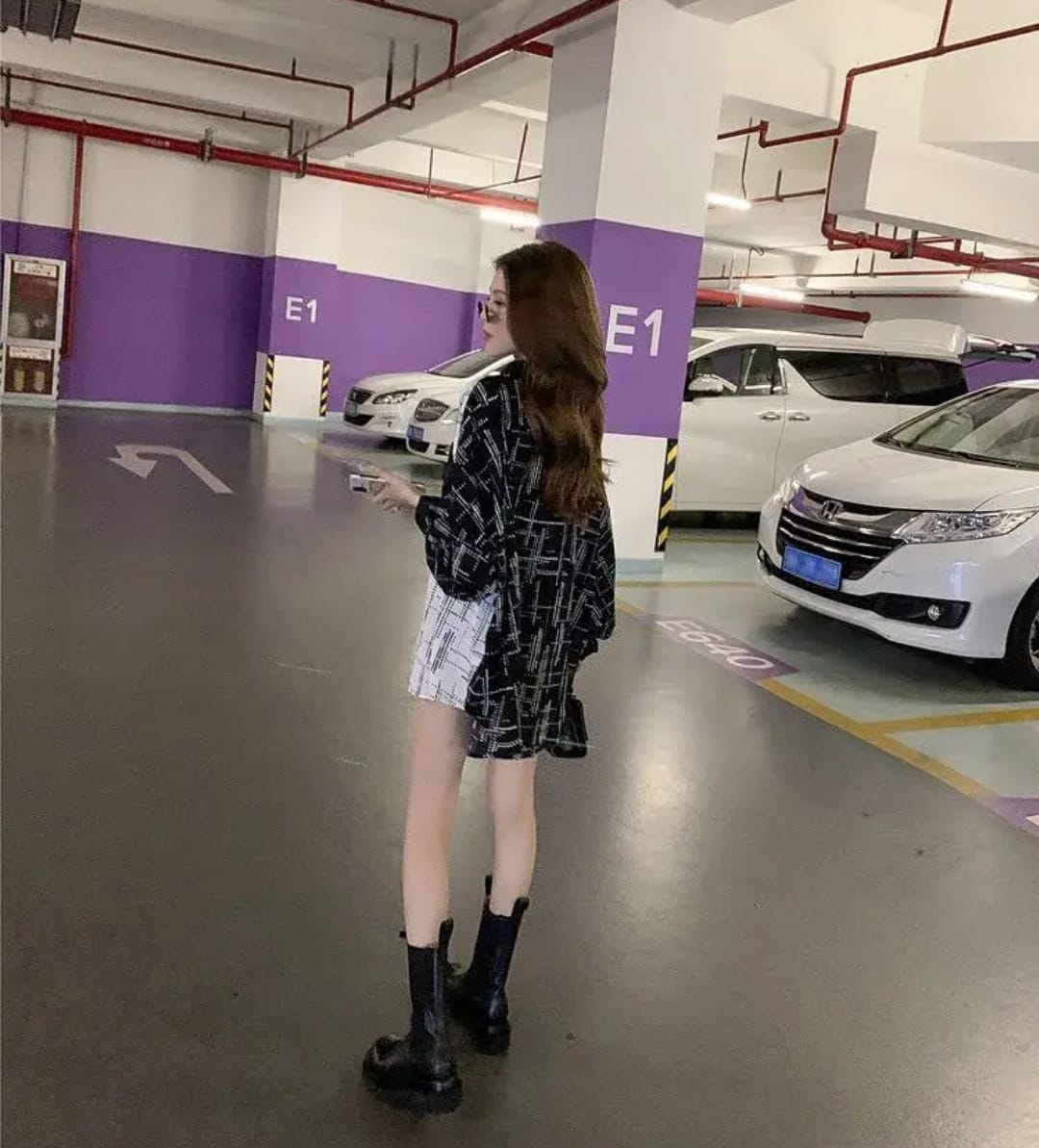 Western Couture Monochromatic Split Checkerboard Oversized Shirt