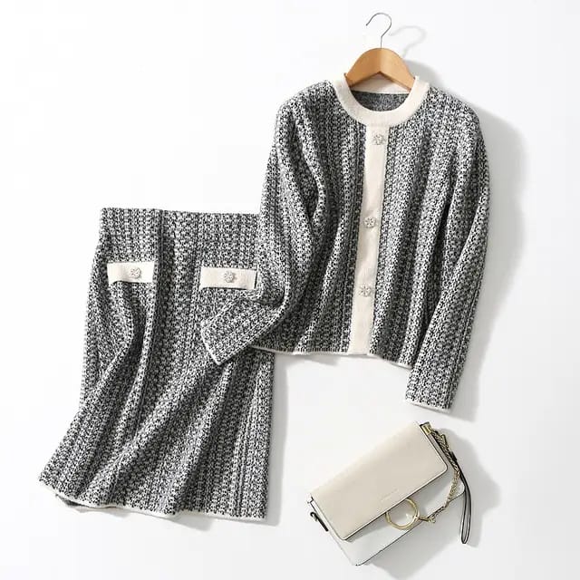 Western Couture Women's Monochrome Tweed 2-Piece Winter Set - Knit Cardigan & Skirt