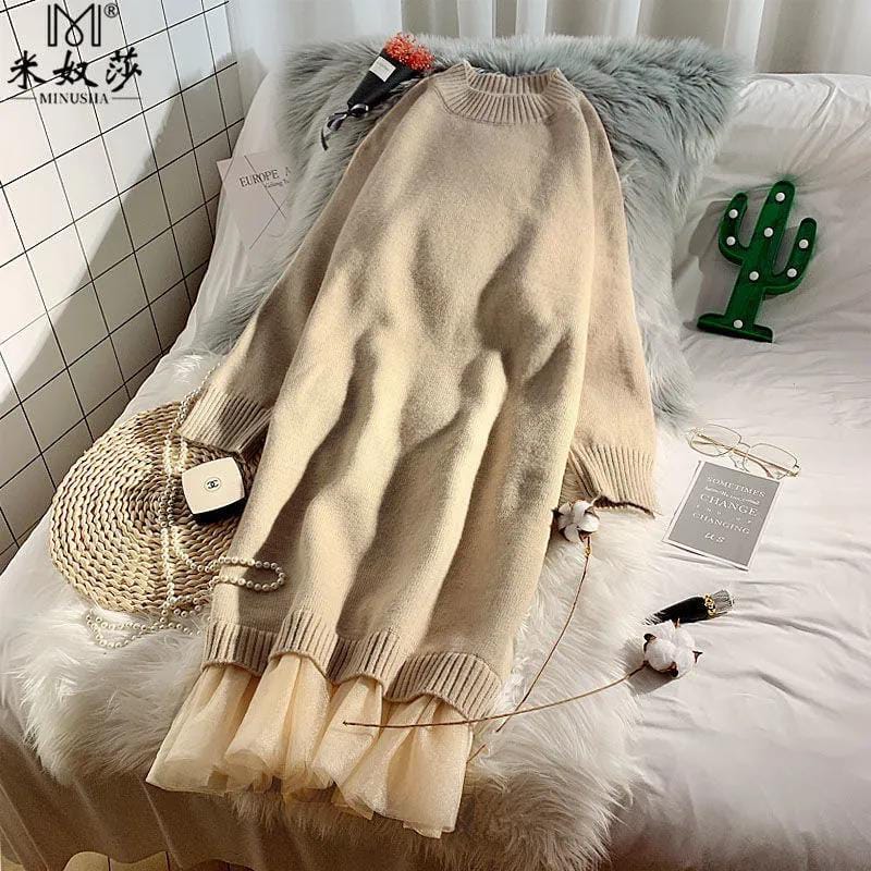 Western Couture Women's Luxury Loose-Fit Knit Sweater Dress - Elegant Round Neck Woolen Midi Dress with Mesh Frills (Beige)