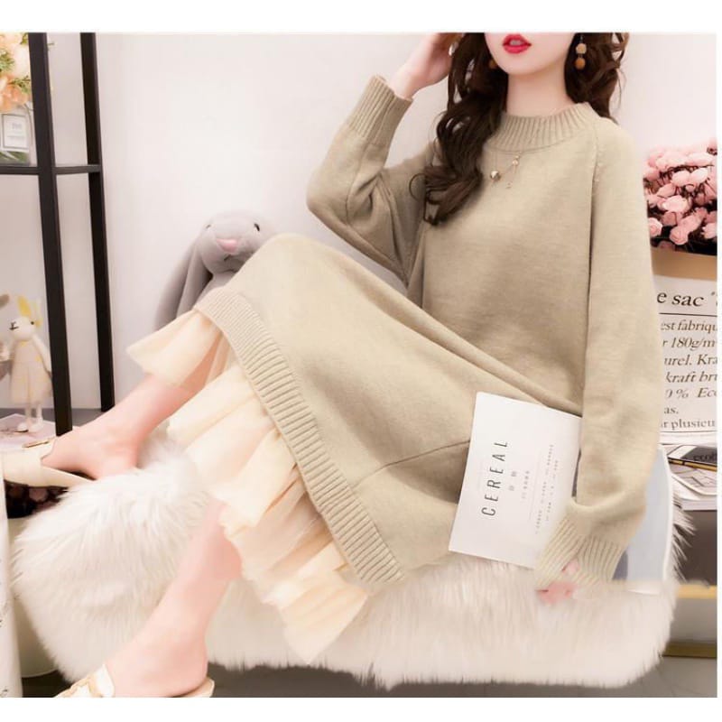Western Couture Women's Luxury Loose-Fit Knit Sweater Dress - Elegant Round Neck Woolen Midi Dress with Mesh Frills (Beige)