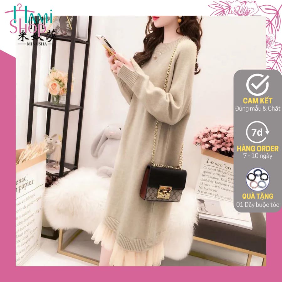 Western Couture Women's Luxury Loose-Fit Knit Sweater Dress - Elegant Round Neck Woolen Midi Dress with Mesh Frills (Beige)