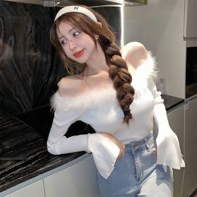 Western Couture Women's Off-Shoulder Ribbed Top - Fur Detailed Knitted Sweater Top