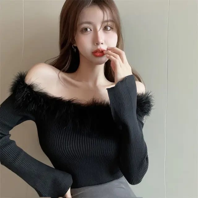 Western Couture Women's Off-Shoulder Ribbed Top - Fur Detailed Knitted Sweater Top
