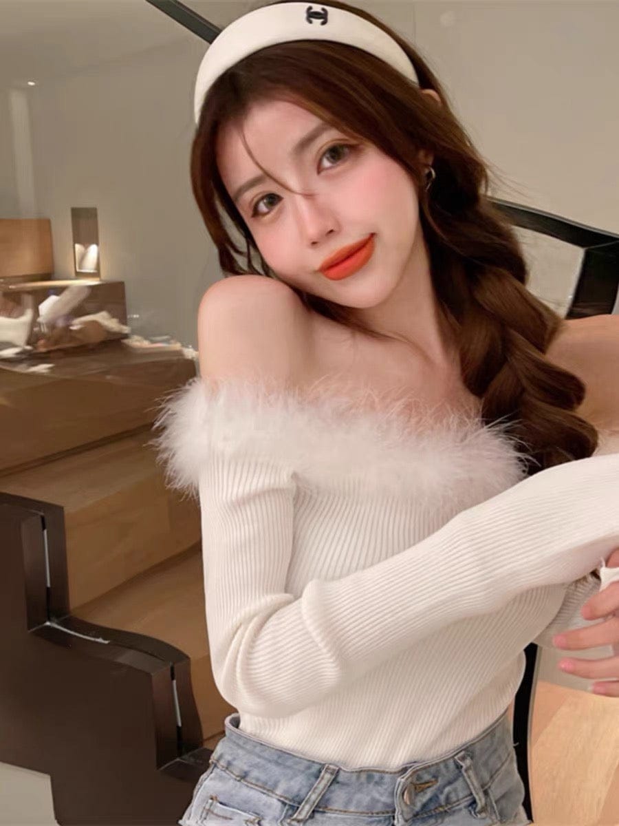 Western Couture Women's Off-Shoulder Ribbed Top - Fur Detailed Knitted Sweater Top