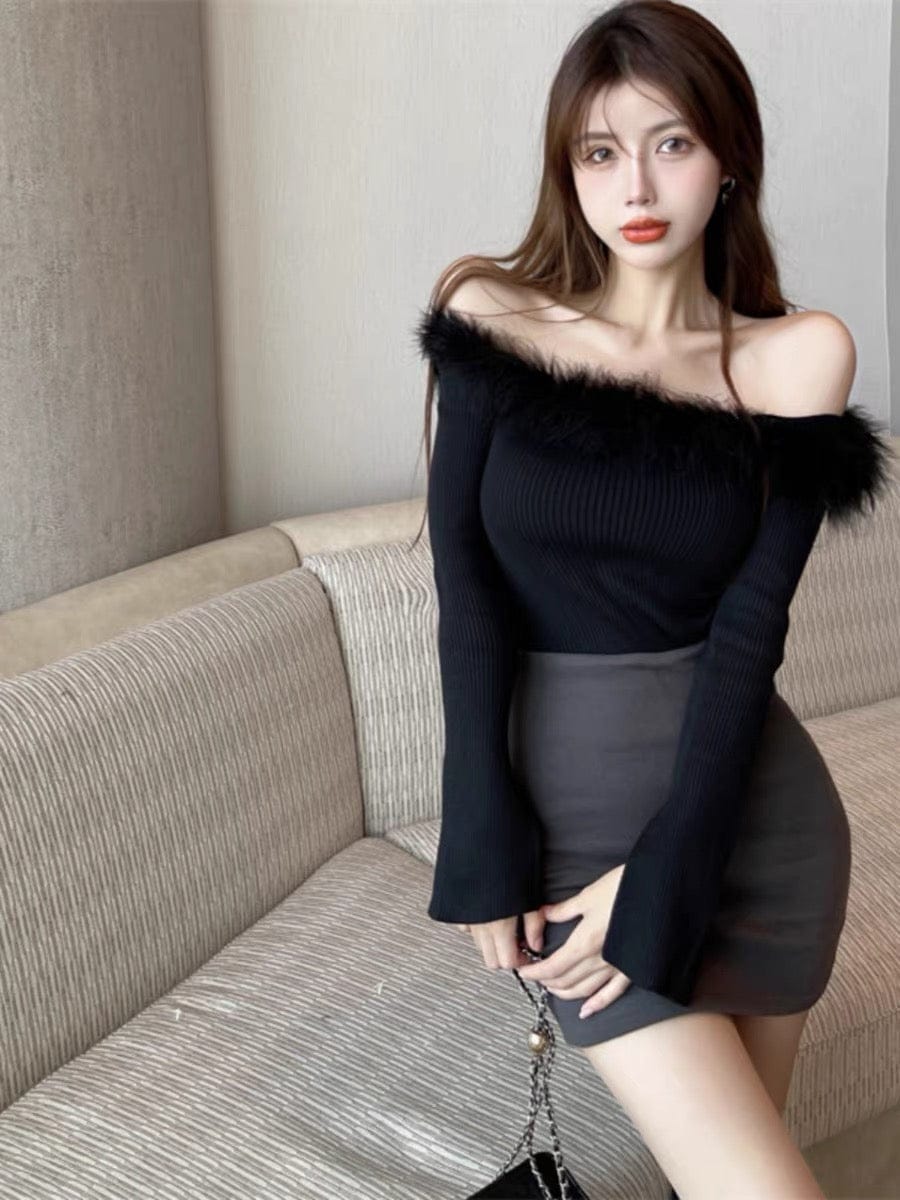 Western Couture Women's Off-Shoulder Ribbed Top - Fur Detailed Knitted Sweater Top