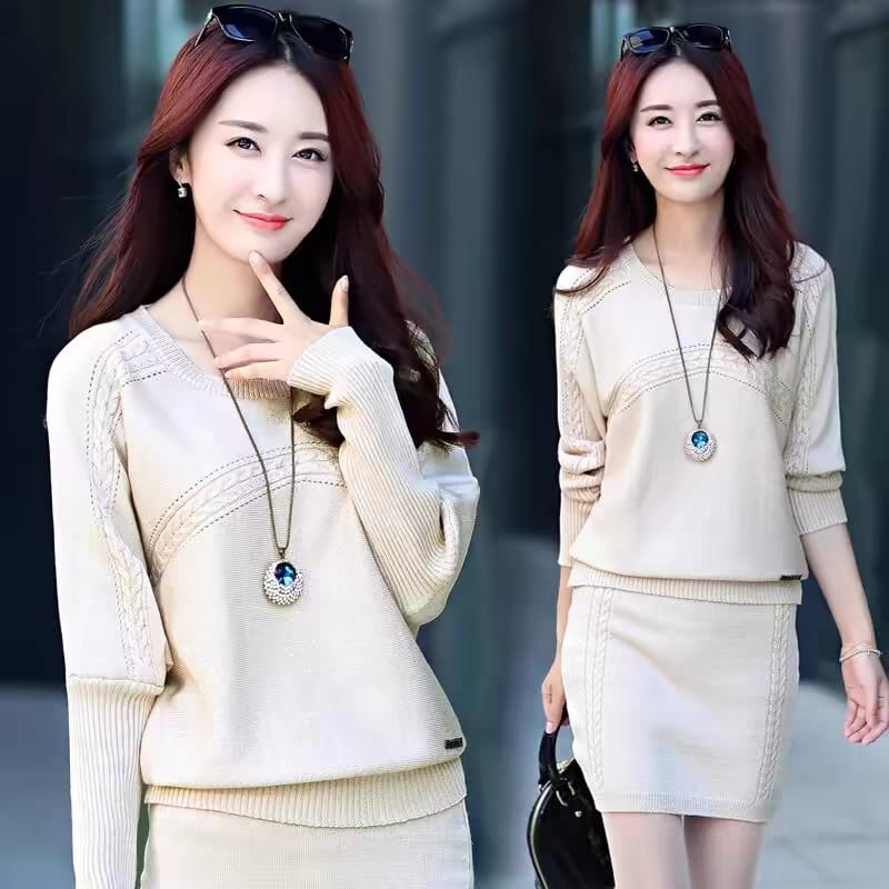 Western Couture Seoul Cable-Knit Woolen Sweater & Mini Skirt Co-ord Set