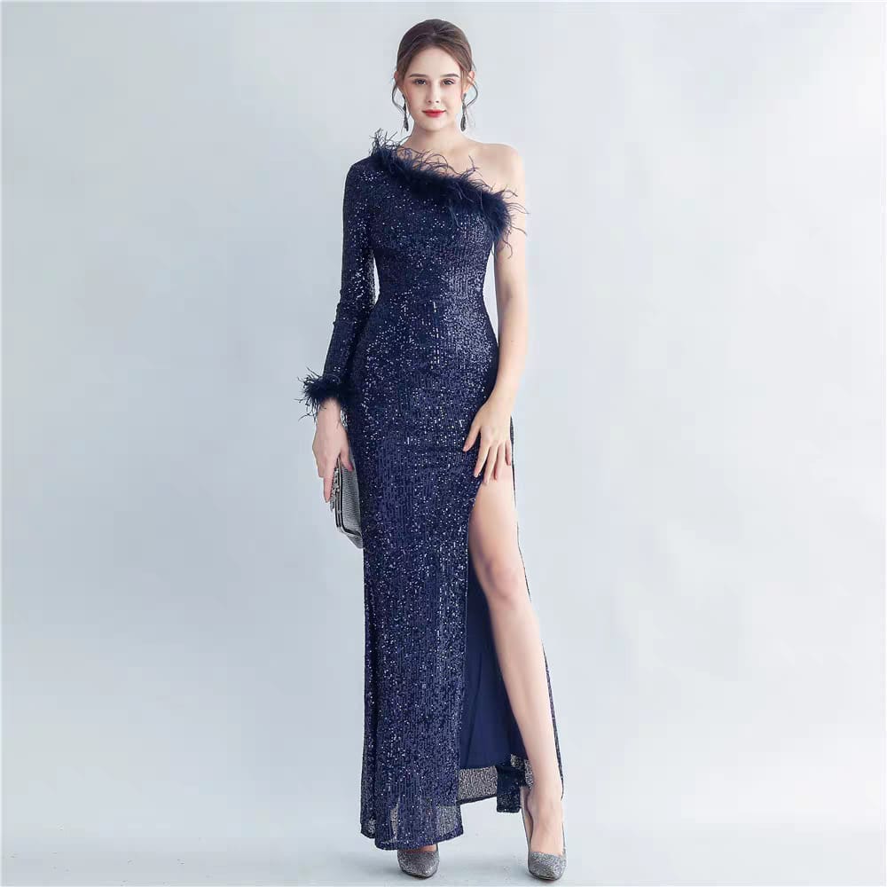 Western Couture Imported One Shoulder Fur Detailed Sequined Party Wear Cocktail Dress