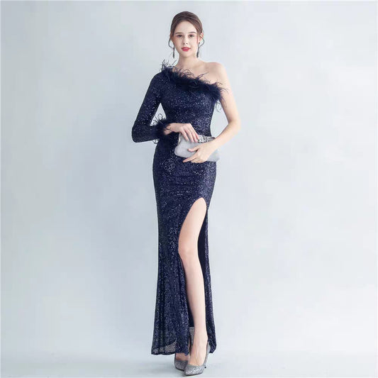 Western Couture Imported One Shoulder Fur Detailed Sequined Party Wear Cocktail Dress