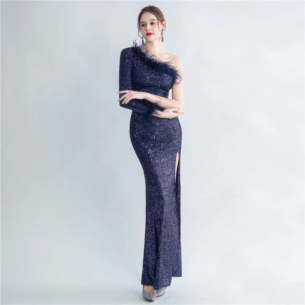Western Couture Imported One Shoulder Fur Detailed Sequined Party Wear Cocktail Dress