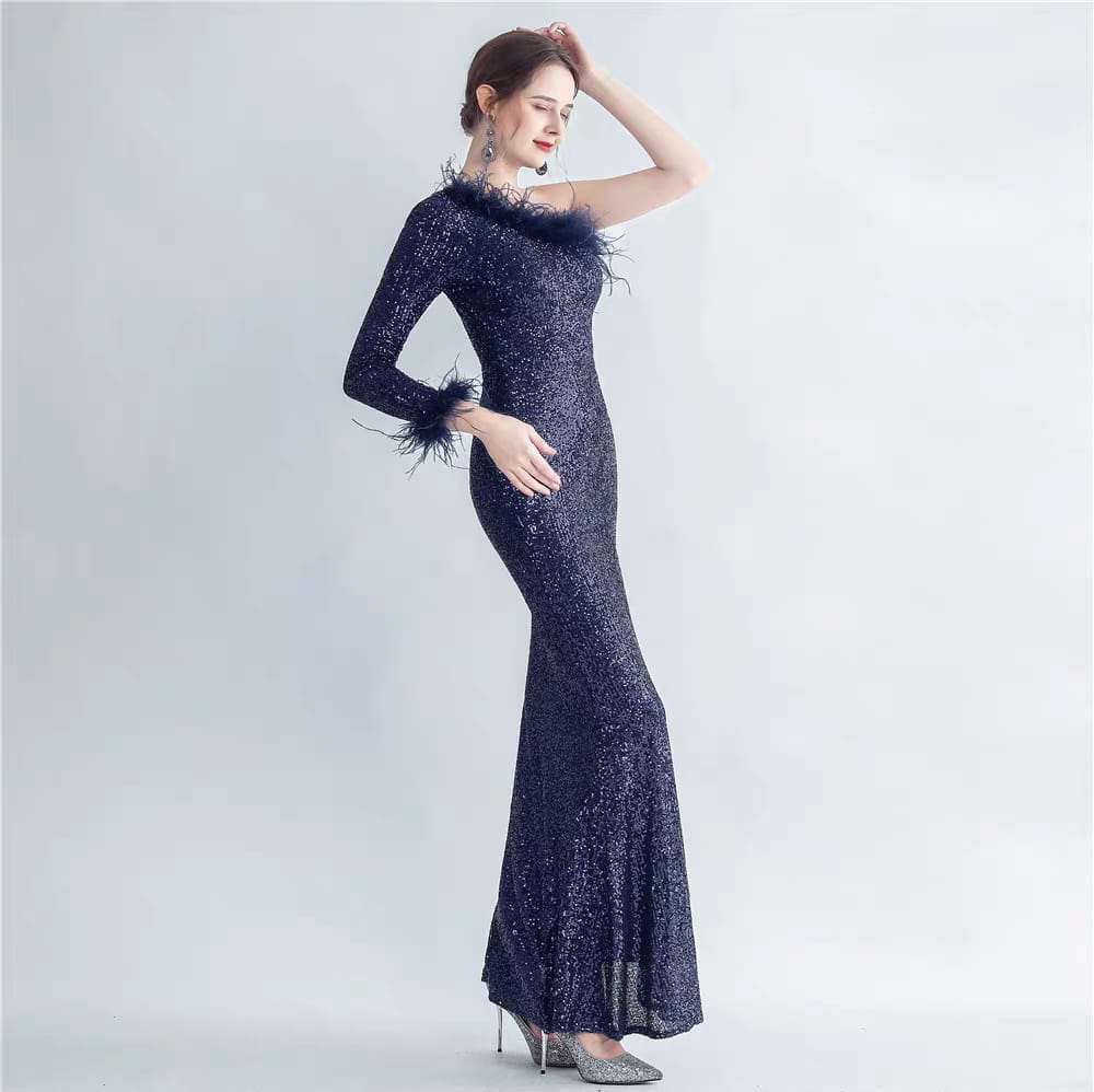 Western Couture Imported One Shoulder Fur Detailed Sequined Party Wear Cocktail Dress