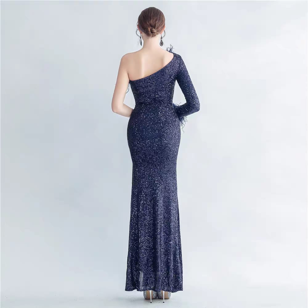 Western Couture Imported One Shoulder Fur Detailed Sequined Party Wear Cocktail Dress