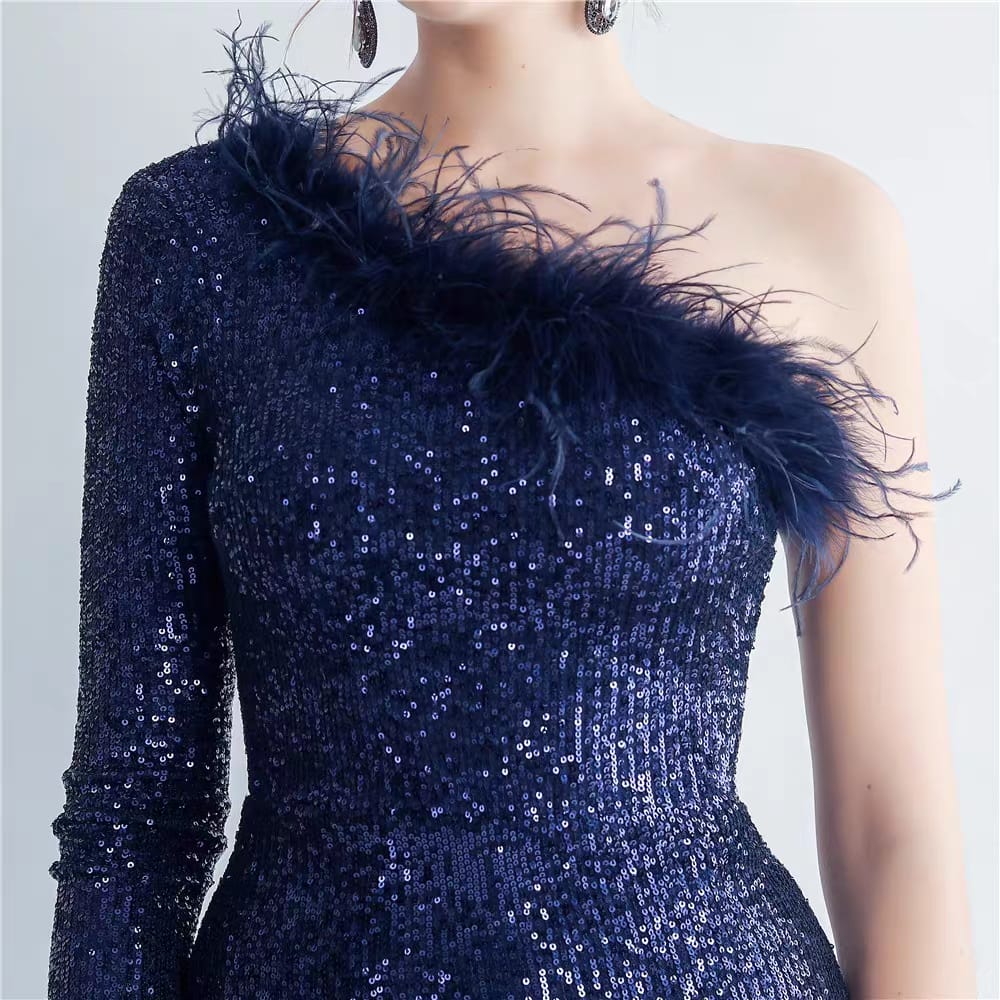 Western Couture Imported One Shoulder Fur Detailed Sequined Party Wear Cocktail Dress